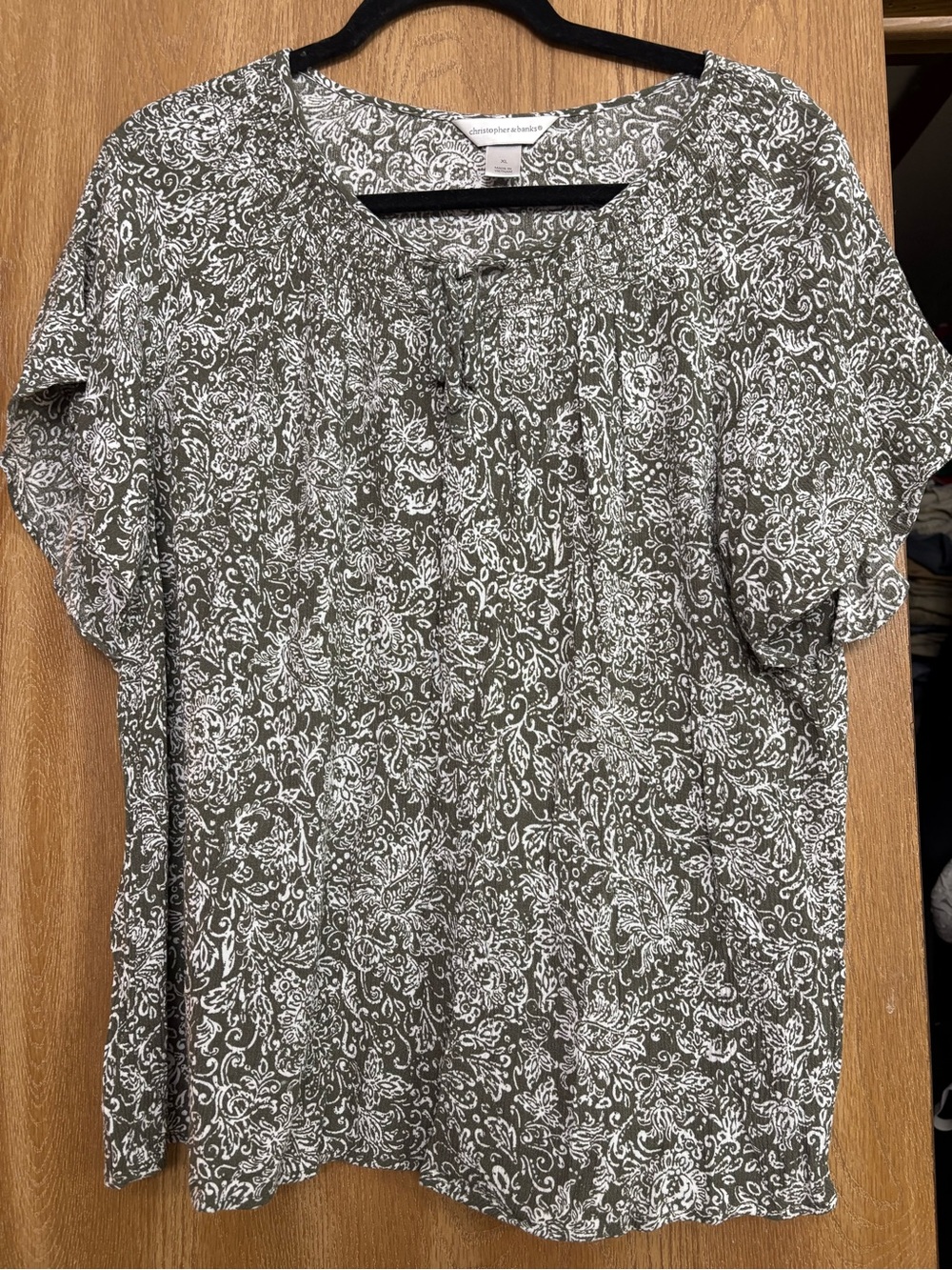 Christopher & Banks Olive & White Paisley Short Sleeve Blouse